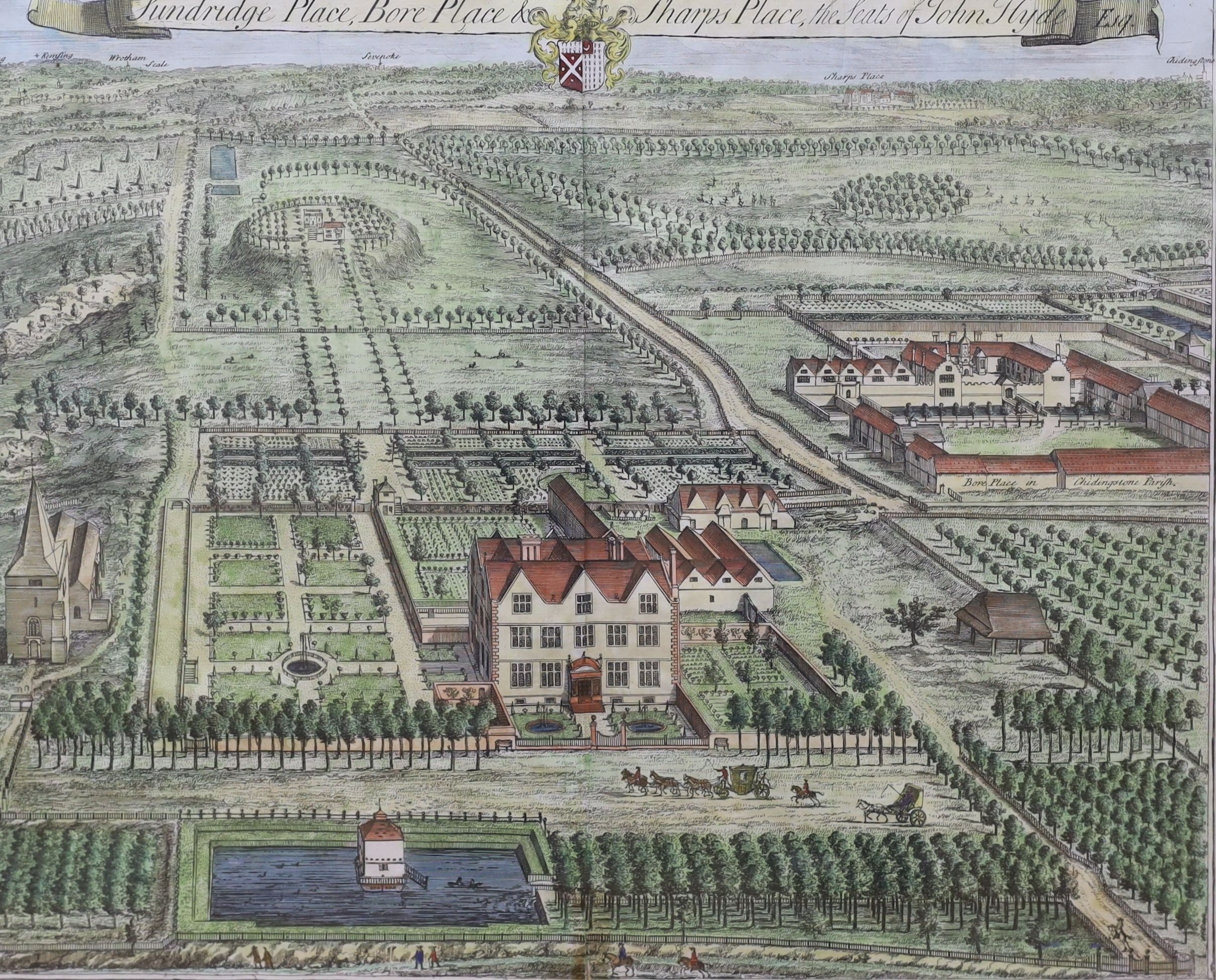 Emmanuel Bowen, coloured engraving, Accurate map of the County of Kent, 53 x 71cm and a Kip coloured engraving of Sundridge Place and a reprinted map of Kent